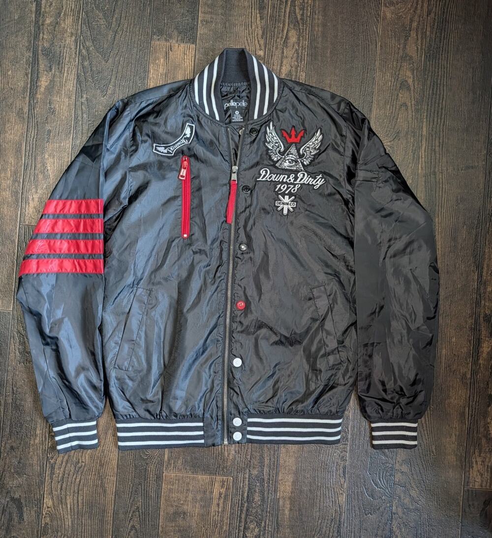 Vintage Pelle Pelle Black Varsity Bomber Jacket Embroidered Down & Dirty Medium